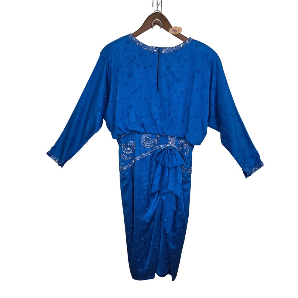Vintage 80s AJ Bari Royal Blue Silk Jacquard Sequin Cocktail Dress Size 14